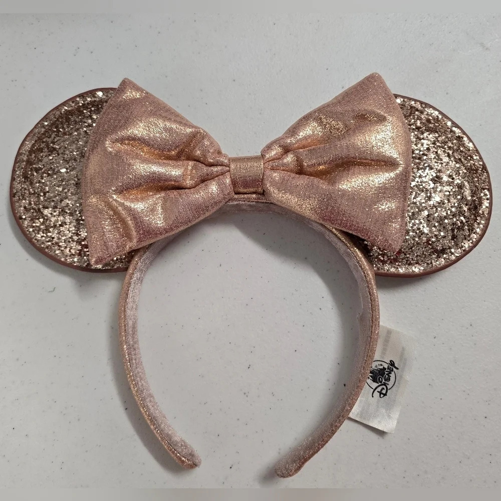 Disney Gold Metallic Glitter Rose Gold Pink Mickey Ears W Bow